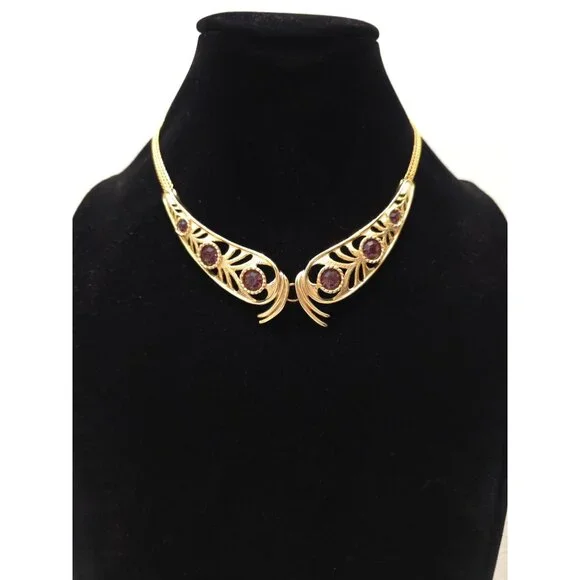 Vtg Gold-Tone Hollywood Regency Statement Necklace w/ Garnet Colored Gemstones - Picture 1 of 5